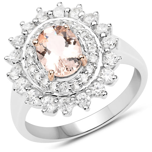 Anillo de plata de ley .925 con morganita rosa auténtica de 2.30 quilates y circonita blanca, chapado en dos tonos
