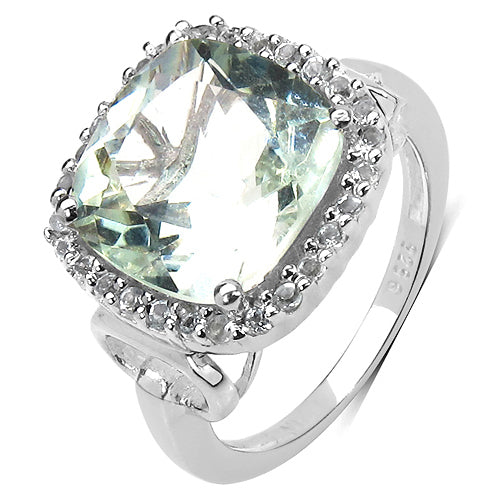Anillo de plata esterlina .925 con amatista verde genuina de 5.86 quilates y diamantes verdes