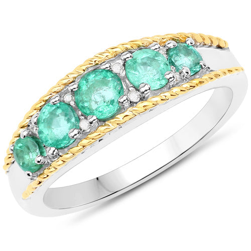 Anillo de plata de ley .925 con esmeralda zambiana auténtica de 0,75 quilates y diamantes blancos