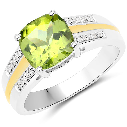 Anillo de oro amarillo de 14 quilates con peridoto auténtico de 2,20 quilates y diamantes blancos, con plata de ley .925