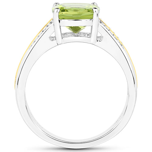 Anillo de oro amarillo de 14 quilates con peridoto auténtico de 2,20 quilates y diamantes blancos, con plata de ley .925