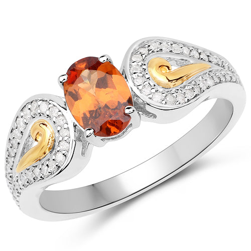 Anillo de 1,01 quilates de granate genuino y diamante blanco de oro amarillo de 14K con plata esterlina .925