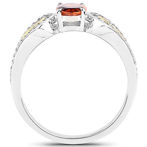 Anillo de 1,01 quilates de granate genuino y diamante blanco de oro amarillo de 14K con plata esterlina .925