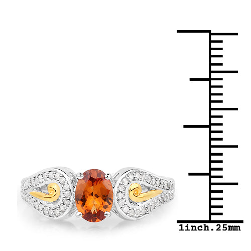 Anillo de 1,01 quilates de granate genuino y diamante blanco de oro amarillo de 14K con plata esterlina .925