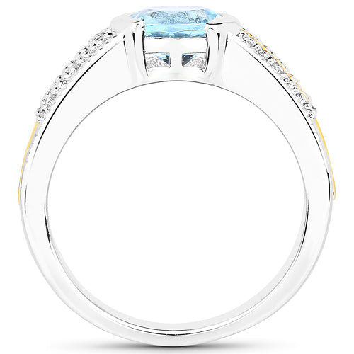 Anillo de oro amarillo de 14 quilates con aguamarina auténtica de 1,37 quilates y diamantes blancos, con plata de ley .925