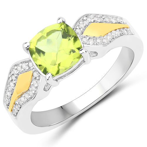 Anillo de 1,64 quilates de peridoto auténtico y diamantes blancos de oro amarillo de 14 quilates con plata de ley .925