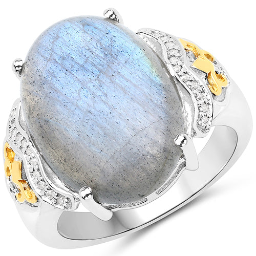 Anillo de oro amarillo de 14 quilates con labradorita genuina de 10,56 quilates y diamantes blancos con plata de ley .925