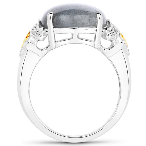 Anillo de oro amarillo de 14 quilates con labradorita genuina de 10,56 quilates y diamantes blancos con plata de ley .925