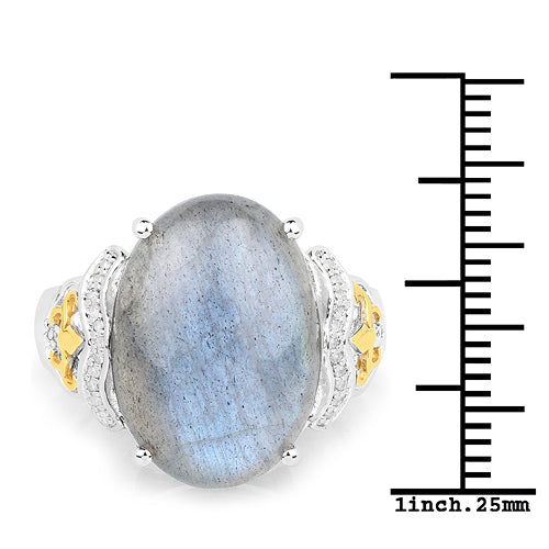 Anillo de oro amarillo de 14 quilates con labradorita genuina de 10,56 quilates y diamantes blancos con plata de ley .925