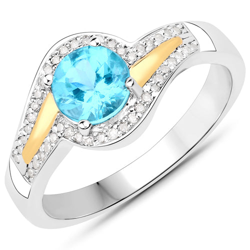 Anillo de Plata Fina de .925 con Apatita Genuina de 0.92 Quilates y Diamantes Blancos