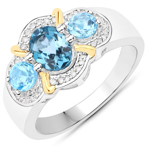 Anillo de plata de ley .925 con topacio azul Londres auténtico de 1.64 quilates, topacio azul suizo y diamantes blancos