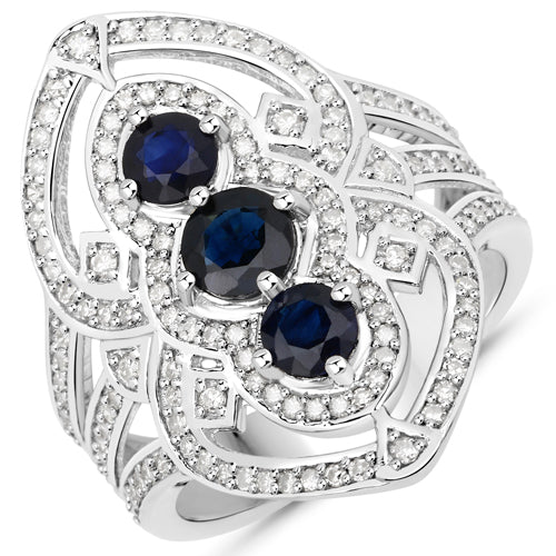 Anillo de plata de ley .925 con zafiro azul auténtico de 1.76 quilates y diamantes blancos