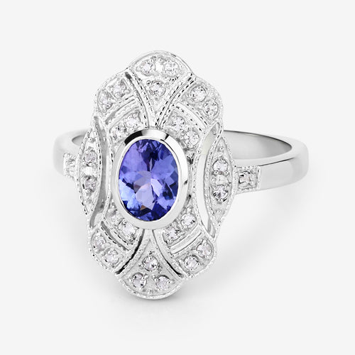 Anillo de plata esterlina .925 con tanzanita genuina de 1,17 quilates y topacio blanco