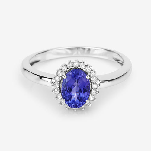 0.86 Carat Genuine Tanzanite and White Diamond 14K White Gold Ring