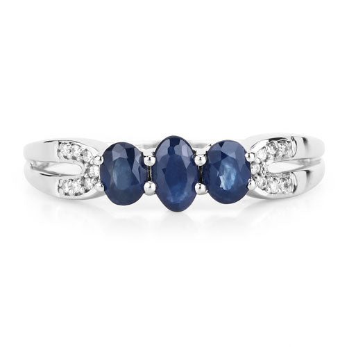 Anillo de 14 quilates de oro blanco con zafiro azul genuino de 0,73 quilates y diamantes blancos