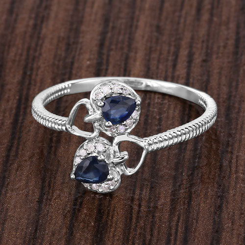 Anillo de oro blanco de 14 quilates con zafiro azul genuino de 0,34 quilates y diamante blanco