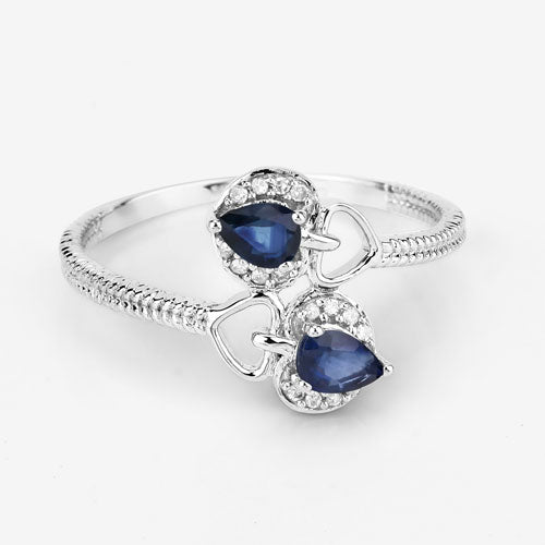 Anillo de oro blanco de 14 quilates con zafiro azul genuino de 0,34 quilates y diamante blanco