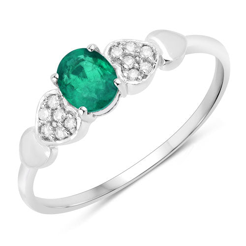 Anillo de oro blanco de 14K con esmeralda zambiana auténtica de 0,36 quilates y diamantes blancos