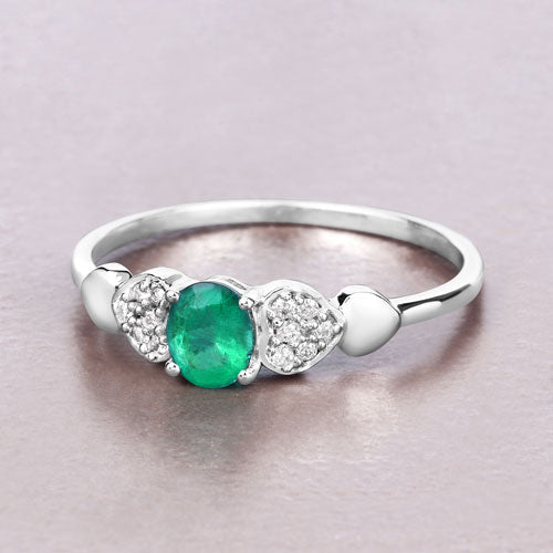 Anillo de oro blanco de 14K con esmeralda zambiana auténtica de 0,36 quilates y diamantes blancos
