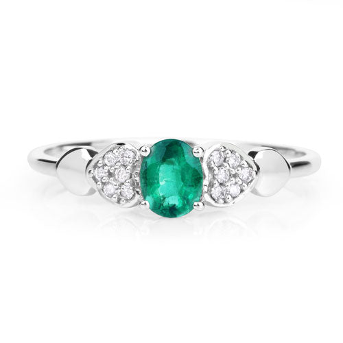 Anillo de oro blanco de 14K con esmeralda zambiana auténtica de 0,36 quilates y diamantes blancos