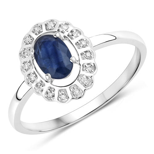 Anillo de oro blanco de 14K con zafiro azul genuino de 0,52 quilates y diamantes blancos