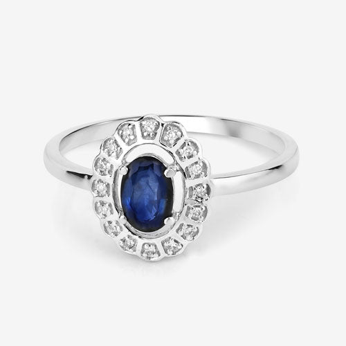 Anillo de oro blanco de 14K con zafiro azul genuino de 0,52 quilates y diamantes blancos
