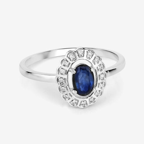 Anillo de oro blanco de 14K con zafiro azul genuino de 0,52 quilates y diamantes blancos