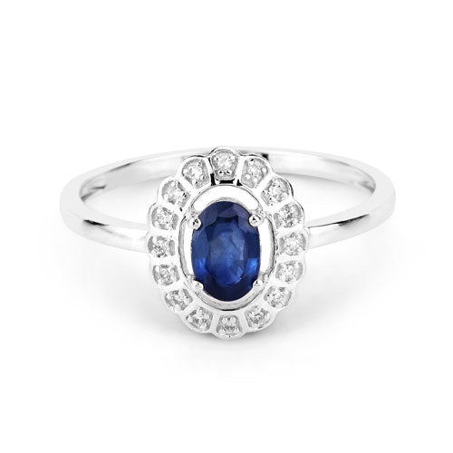 Anillo de oro blanco de 14K con zafiro azul genuino de 0,52 quilates y diamantes blancos