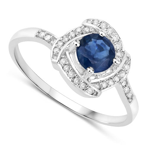 0.73 Carat Genuine Blue Sapphire and White Diamond 14K White Gold Ring