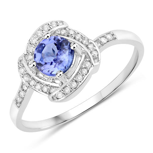 Anillo de oro blanco de 14K con tanzanita genuina de 0.55 quilates y diamantes blancos