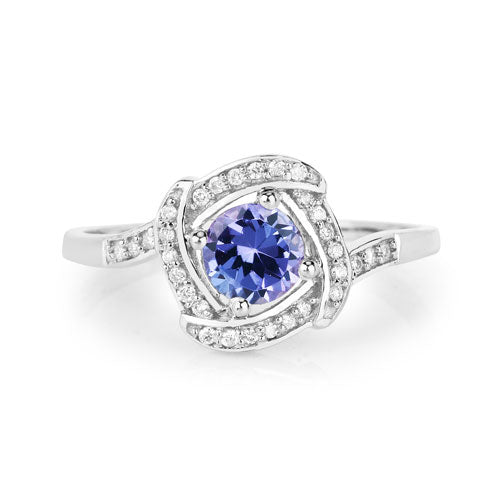 Anillo de oro blanco de 14K con tanzanita genuina de 0.55 quilates y diamantes blancos
