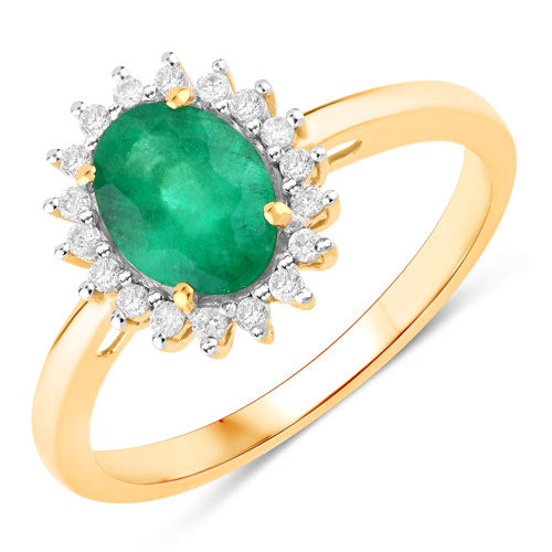 Anillo de oro amarillo de 14 quilates con esmeralda zambiana auténtica de 1,34 quilates y diamantes blancos