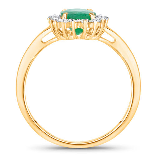 Anillo de oro amarillo de 14 quilates con esmeralda zambiana auténtica de 1,34 quilates y diamantes blancos