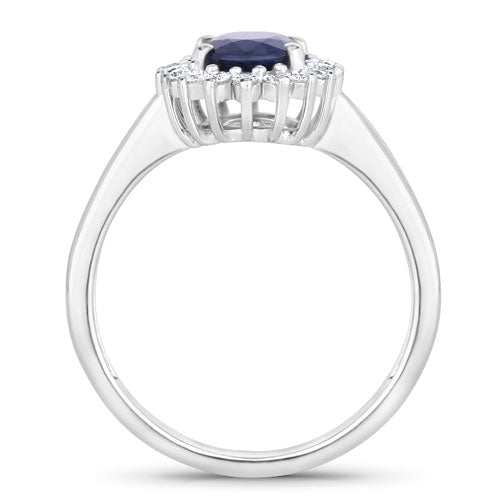 Anillo de zafiro azul genuino de 1.73 quilates y diamantes blancos en oro blanco de 14 quilates
