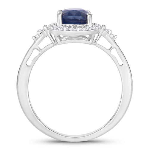 Anillo de oro blanco de 14 quilates con zafiro azul auténtico de 1,70 quilates y diamantes blancos
