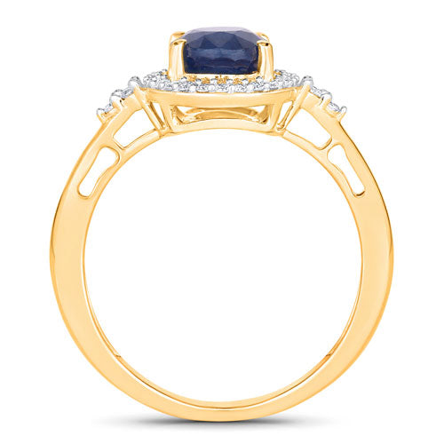 Anillo de oro amarillo de 14 quilates con zafiro azul auténtico de 1,70 quilates y diamante blanco