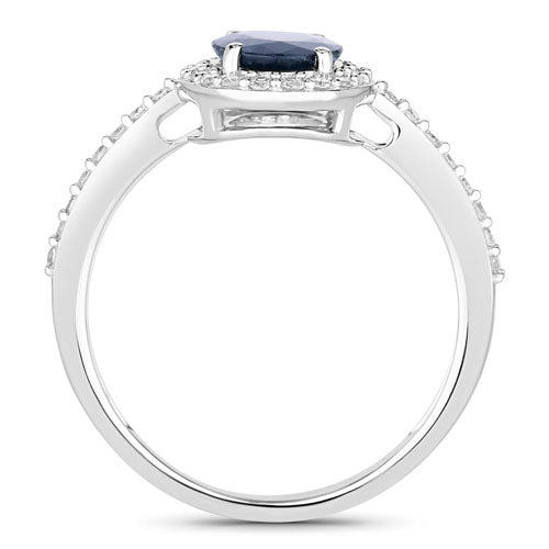 Anillo de oro blanco de 14 quilates con zafiro azul auténtico de 1,82 quilates y diamantes blancos