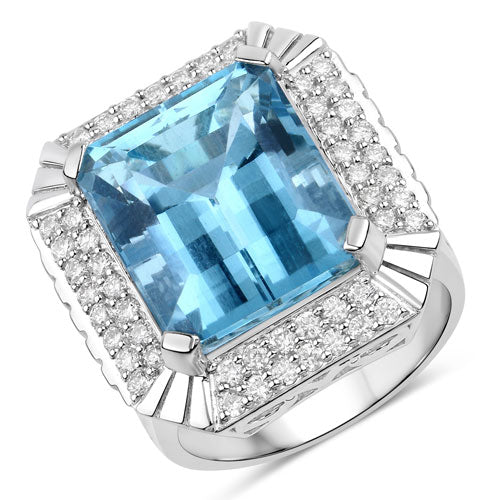 Anillo de oro blanco de 14 quilates con aguamarina auténtica de 13,924 quilates y diamantes blancos