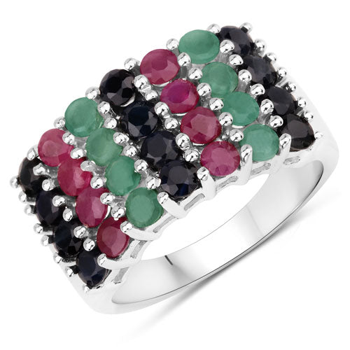 Anillo de Plata Fina .925 con Esmeralda, Rubí y Zafiro Negro Genuinos de 3.40 Quilates