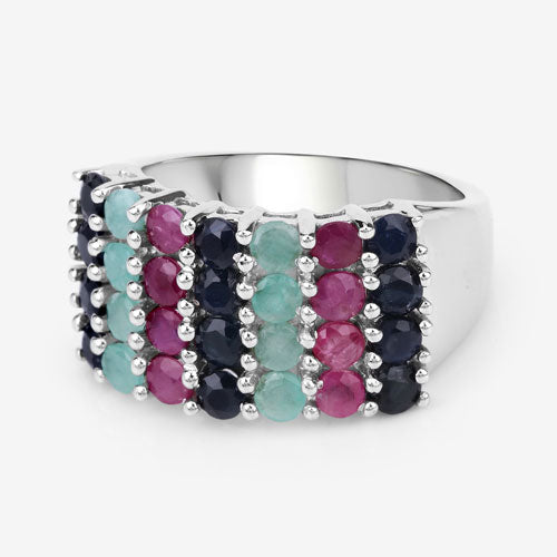 Anillo de Plata Fina .925 con Esmeralda, Rubí y Zafiro Negro Genuinos de 3.40 Quilates