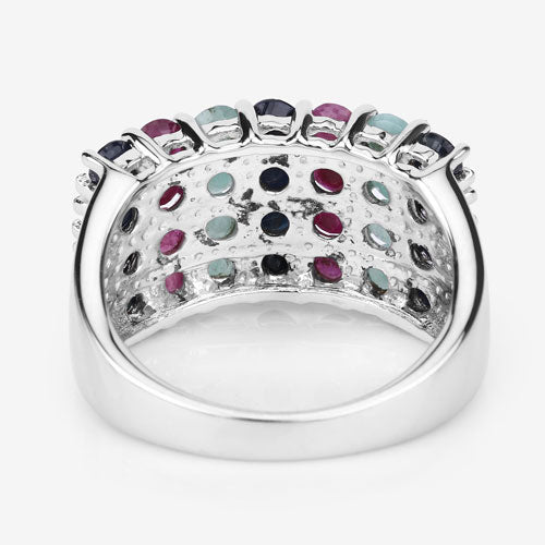 Anillo de Plata Fina .925 con Esmeralda, Rubí y Zafiro Negro Genuinos de 3.40 Quilates