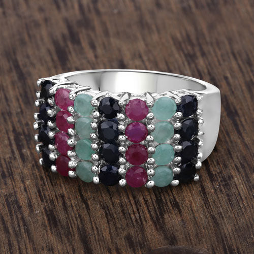 Anillo de Plata Fina .925 con Esmeralda, Rubí y Zafiro Negro Genuinos de 3.40 Quilates