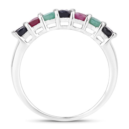 Anillo de Plata Fina .925 con Esmeralda, Rubí y Zafiro Negro Genuinos de 3.40 Quilates