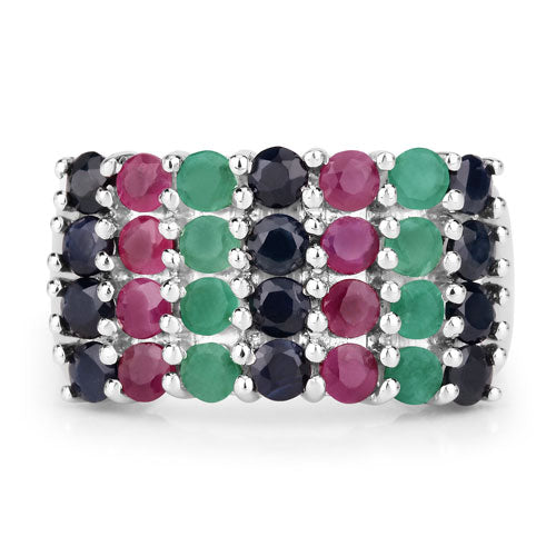 Anillo de Plata Fina .925 con Esmeralda, Rubí y Zafiro Negro Genuinos de 3.40 Quilates