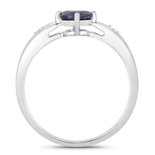 Anillo de oro blanco de 10 quilates con zafiro azul auténtico de 0,89 quilates y diamante blanco