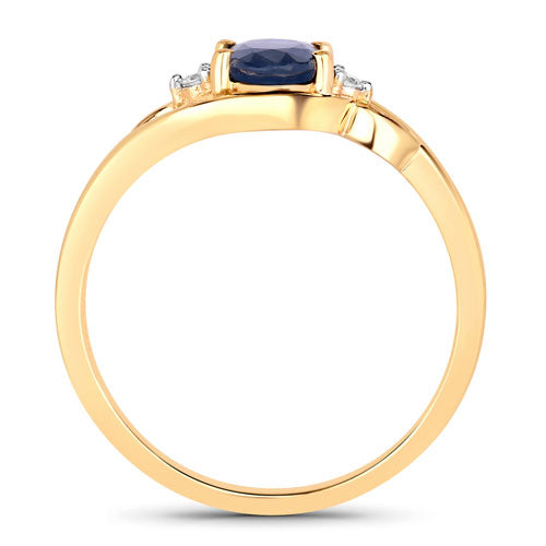Anillo de oro amarillo de 10 quilates con zafiro azul genuino de 0,98 quilates y diamantes blancos