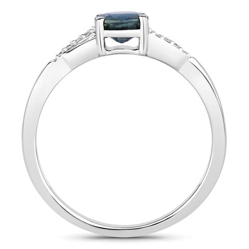 Anillo de oro blanco de 14 quilates con zafiro azul genuino de 0,88 quilates y diamantes blancos