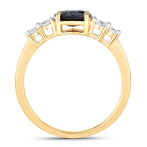 Anillo de oro amarillo de 14 quilates con zafiro azul auténtico de 1,38 quilates y diamantes blancos