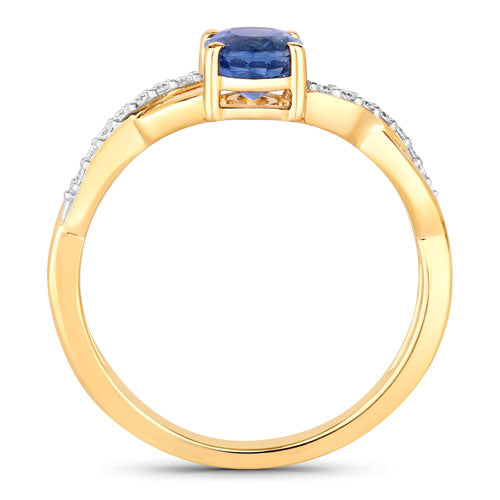 Anillo de zafiro azul genuino de 1.04 quilates y diamantes blancos en oro amarillo de 14 quilates