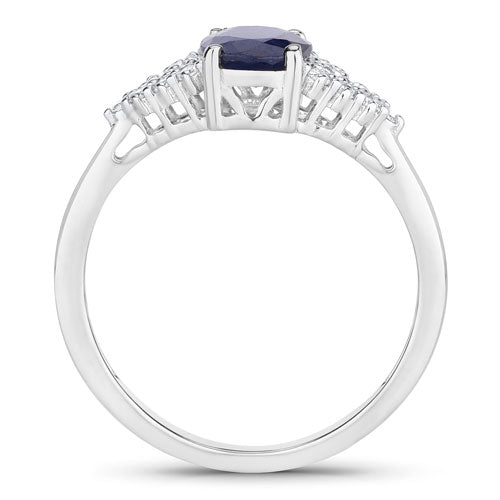 Anillo de zafiro azul genuino de 1.73 quilates y diamantes blancos en oro blanco de 14 quilates